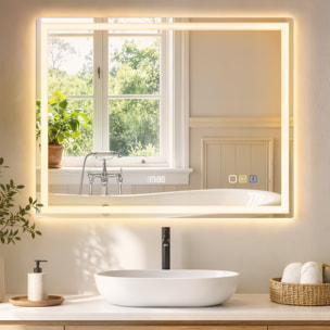 Miroir lumineux LED salle de bain 90 x 70 cm bluetooth interrupteur tactile lumière réglable 3 couleurs fonction anti-buée et mémoire