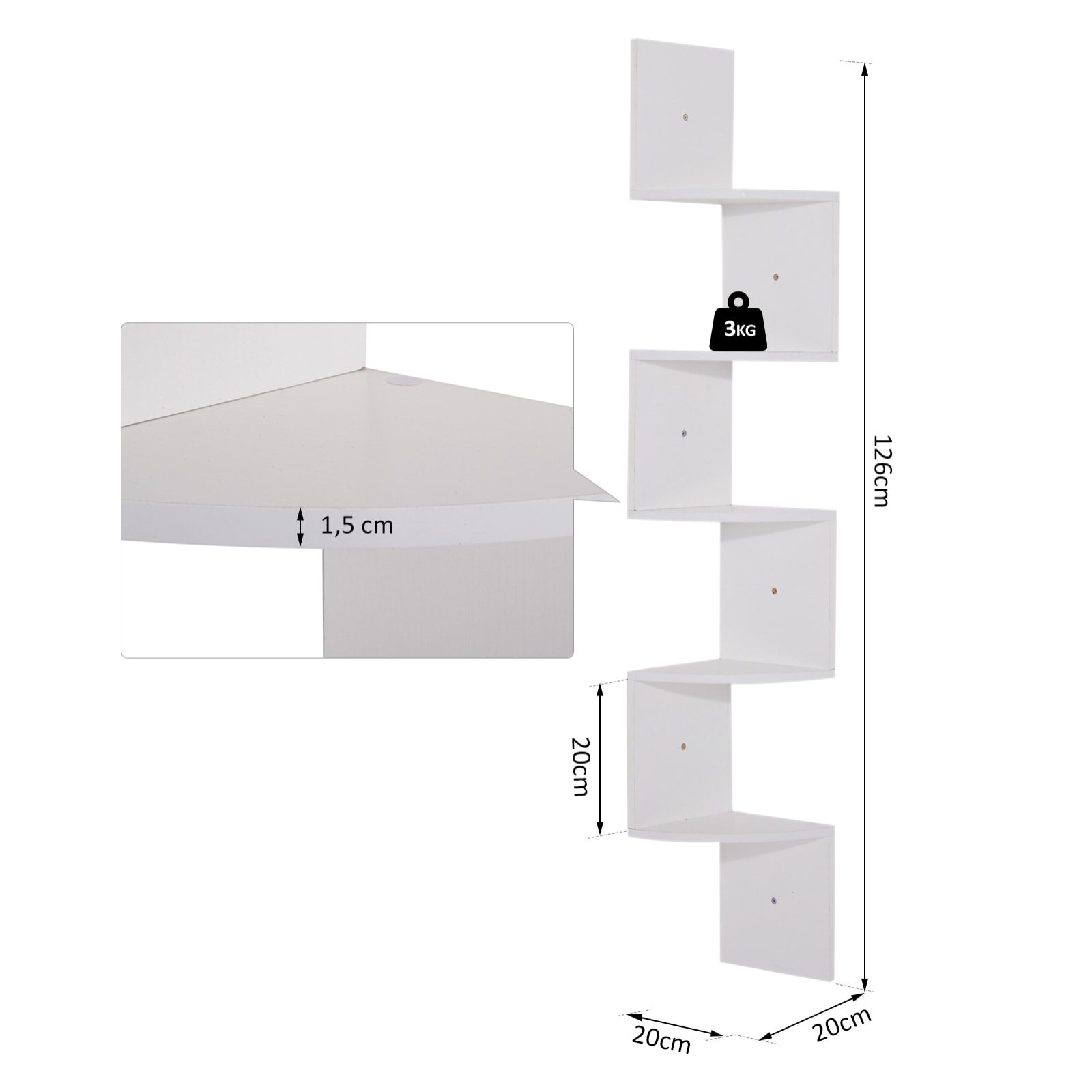 Étagère d'angle étagère de rangement design contemporain zig zag 20L x 20l x 126H cm 5 niveaux panneaux de particules blanc