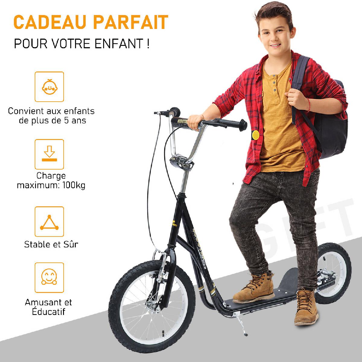 Trottinette patinette pour enfants à partir de 5 ans grands pneus guidon réglable poignée frein et béquille acier noir