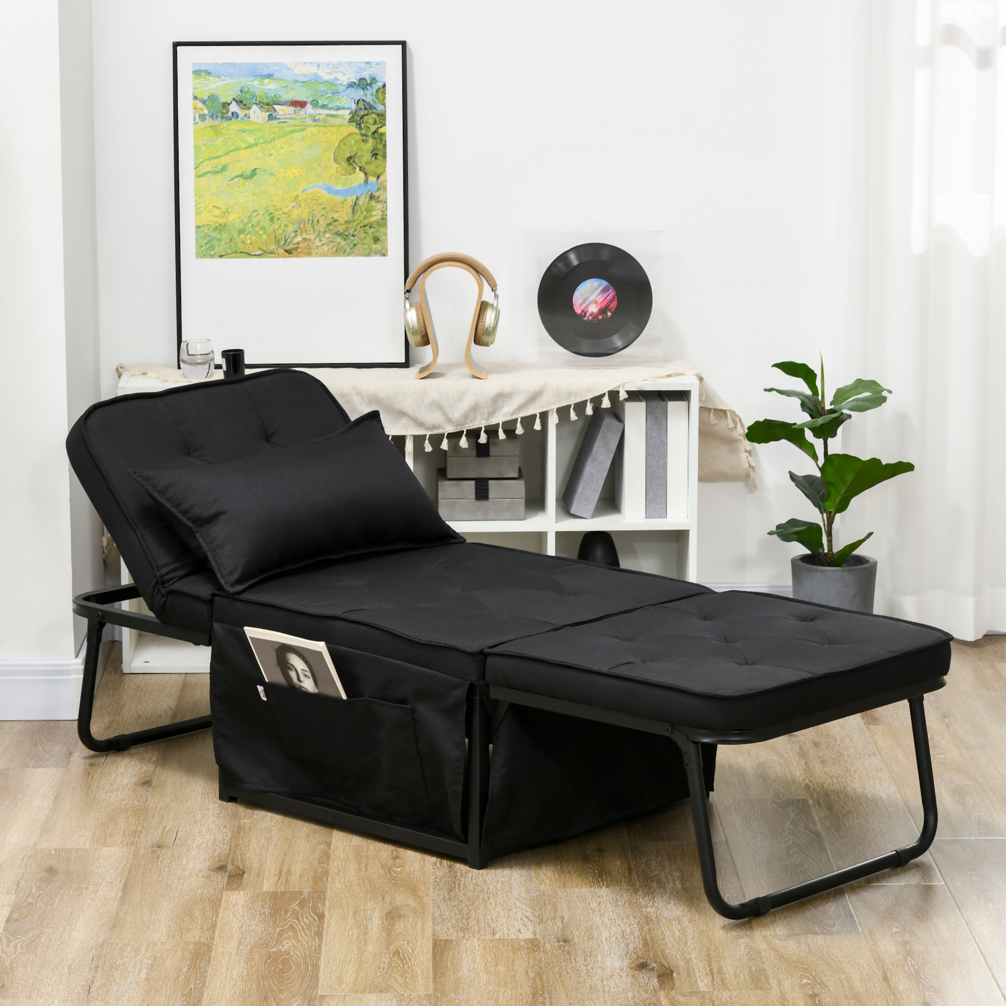 Fauteuil chaise longue lit pouf 4 en 1 dossier inclinable 5 niveaux repose-pied rabattable châssis acier noir tissu noir