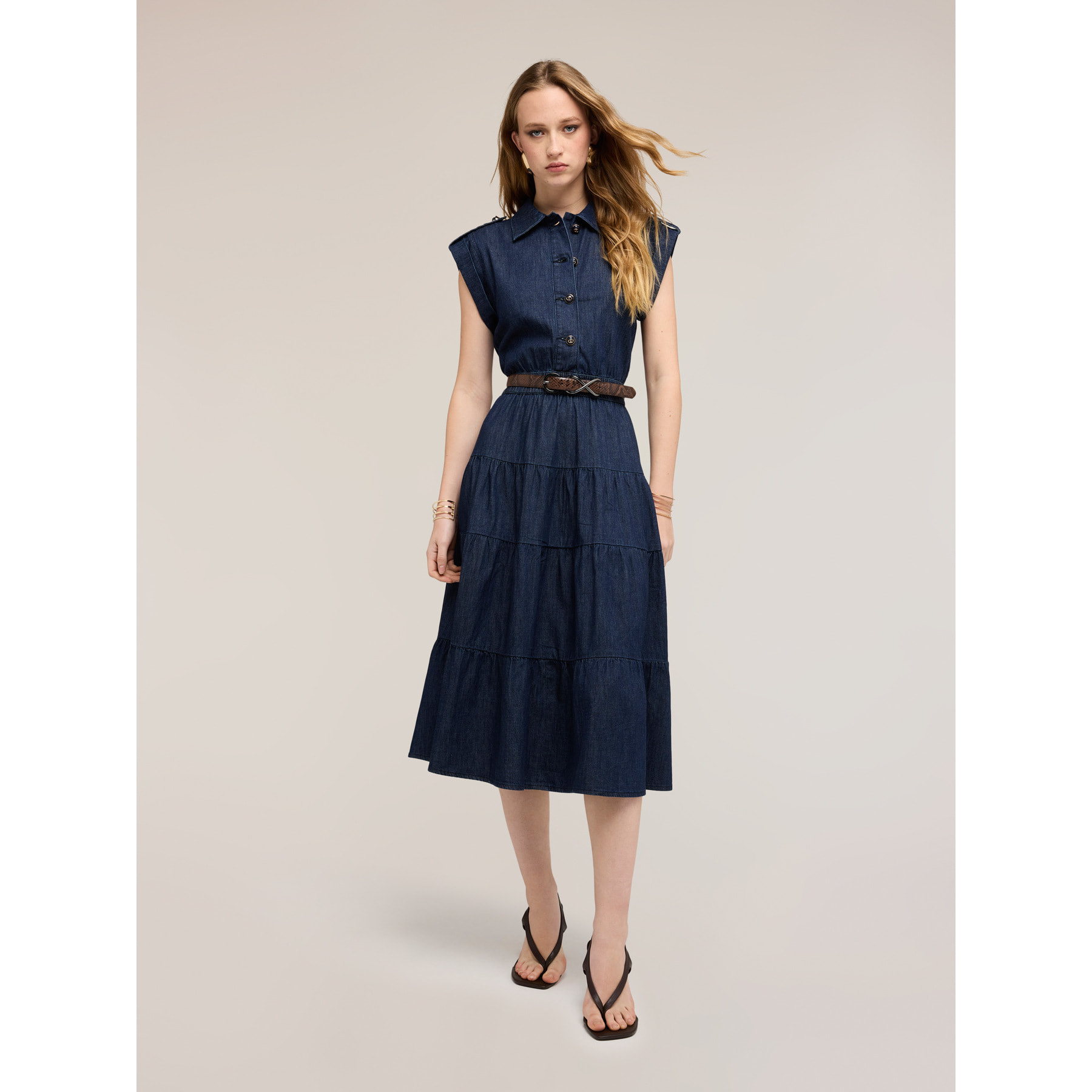 Motivi - Vestito chemisier in denim con gonna a balze - Blu