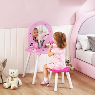 Tocador Infantil con Taburete y Espejo, Tocador para Niñas con Dibujos de Corazones, Mesa de Maquillaje para Niños y Niñas de 3-6 Años, Rosa
