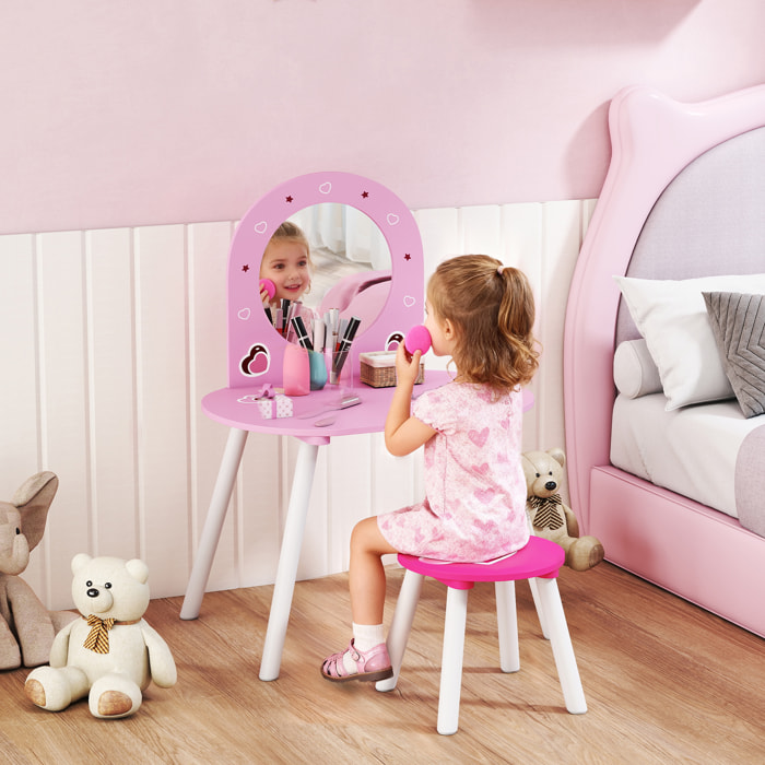 Tocador Infantil con Taburete y Espejo, Tocador para Niñas con Dibujos de Corazones, Mesa de Maquillaje para Niños y Niñas de 3-6 Años, Rosa