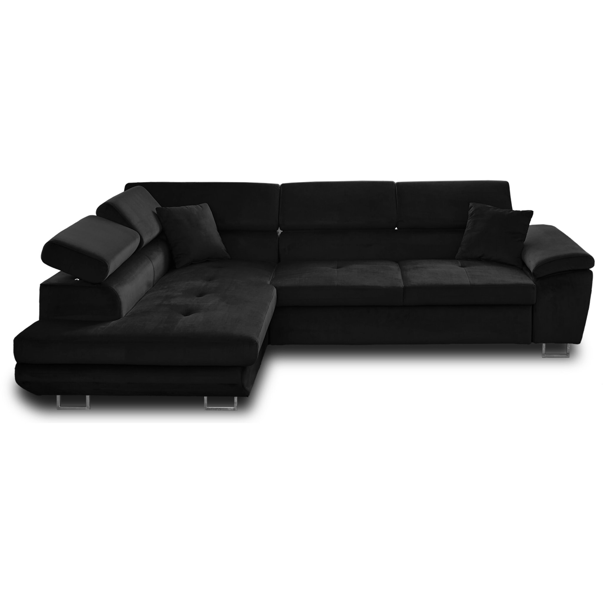 Dimas - canapé d'angle gauche 5 places - convertible avec coffre et têtières réglables - en velours - Noir