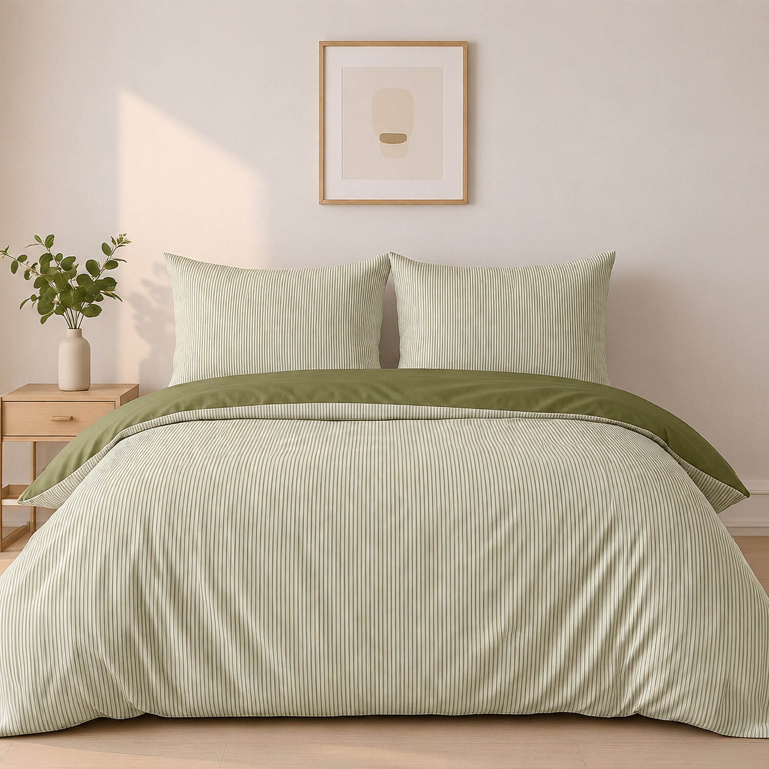 Parure housse de couette mini seersucker rayures vert olive, MILLERAY