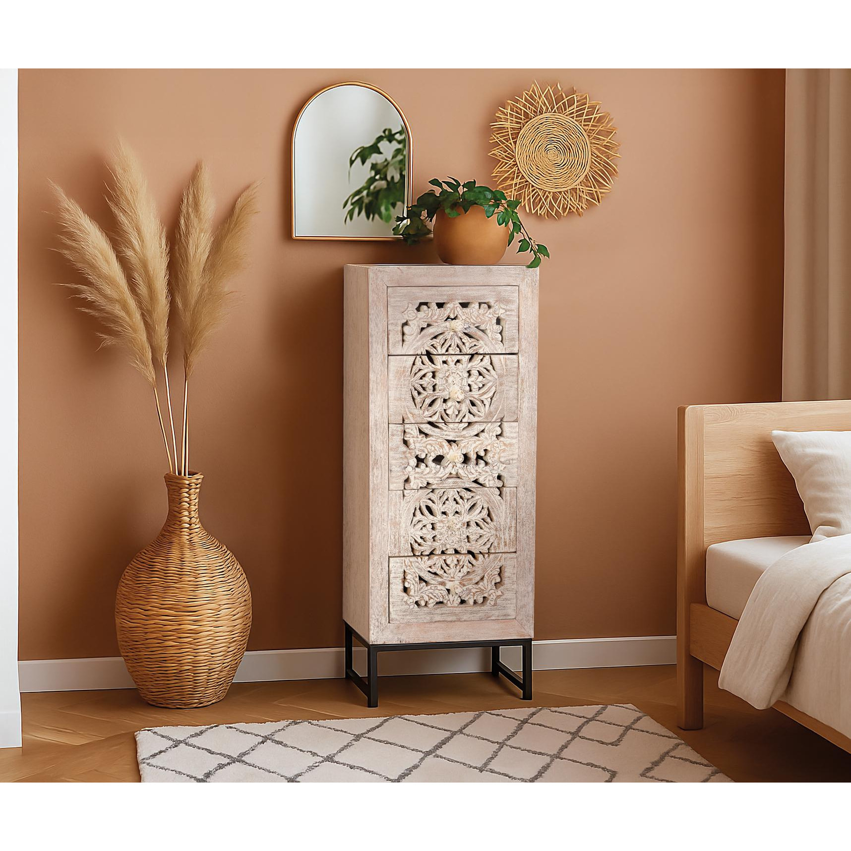 Sinfonier de Madera de Mango 45 Cm Estilo Étnico Boho Tallado
