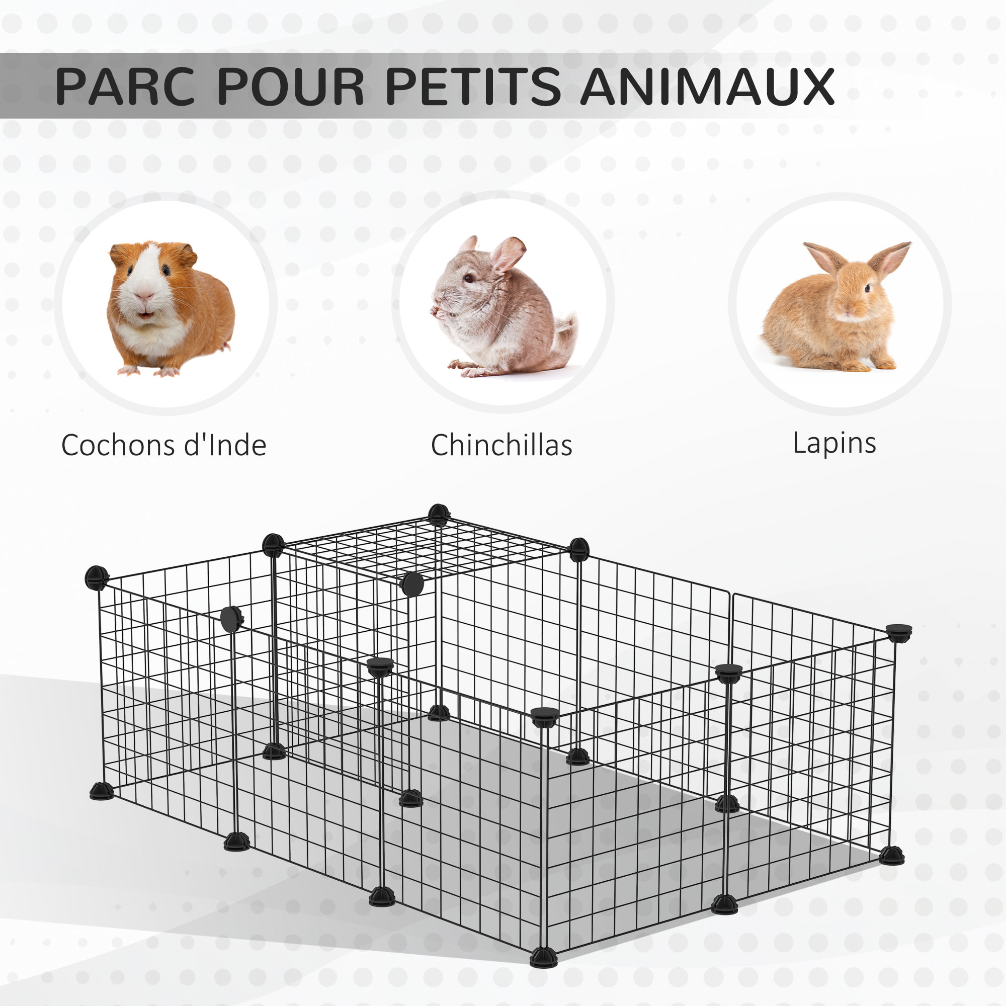 Cage parc enclos rongeurs modulable dim. L 105 x l 70 x H 35 cm résine PP fil métallique noir