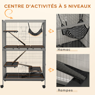 Cage pour rongeurs furet chinchilla 4 plateformes 3 rampes 4 portes hamac plateau acier gris noir