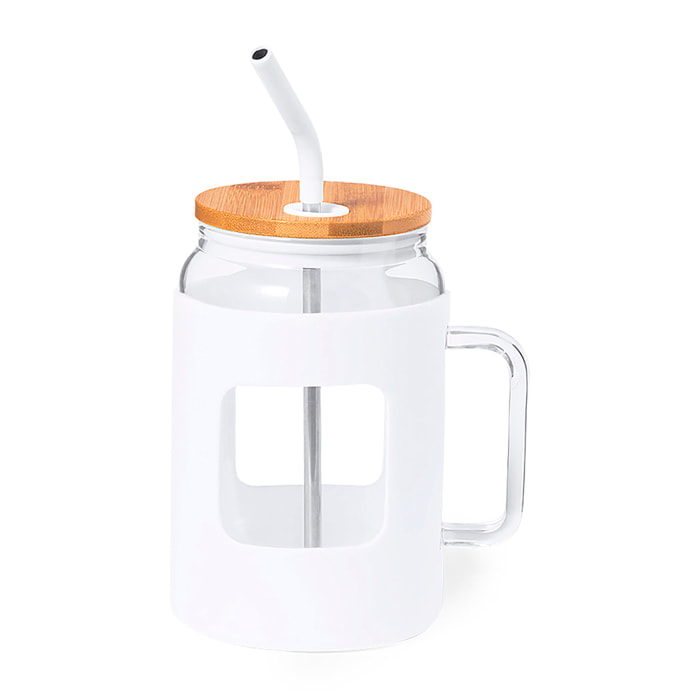 Tarro/Jarra cristal 1,6 L. Funda Silicona.Tapa bambú y pajita acero