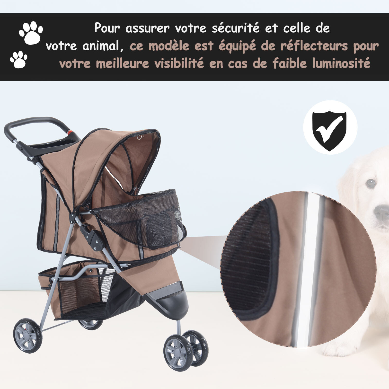 Poussette buggy pour chien chat animaux roue avant pivotante 360 degrés marron