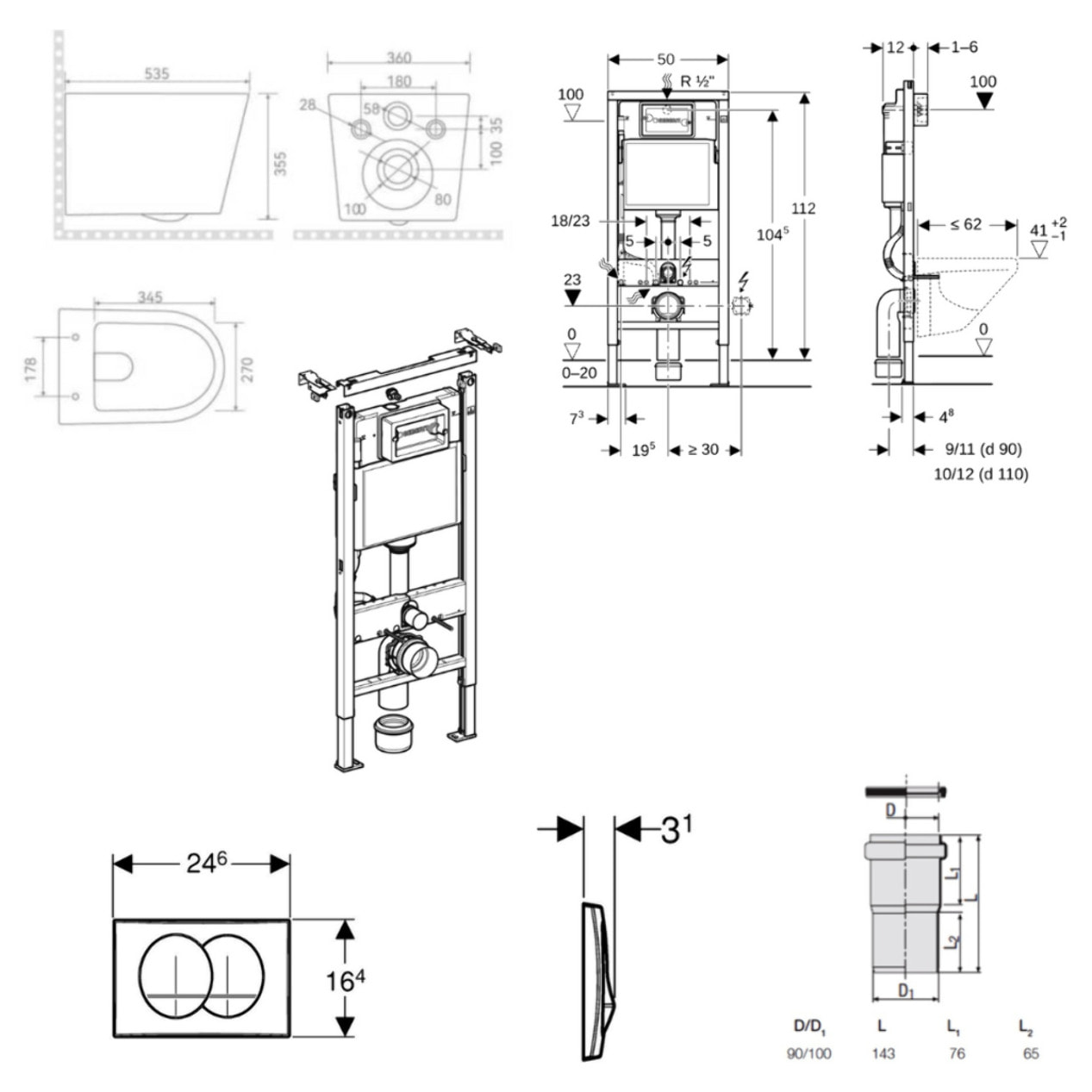 Duofix UP100 Pack WC bâti + WC suspendu sans bride avec abattant SoftClose Ceramia + plaque blanche (GEBCE14WT02MAN-FR)