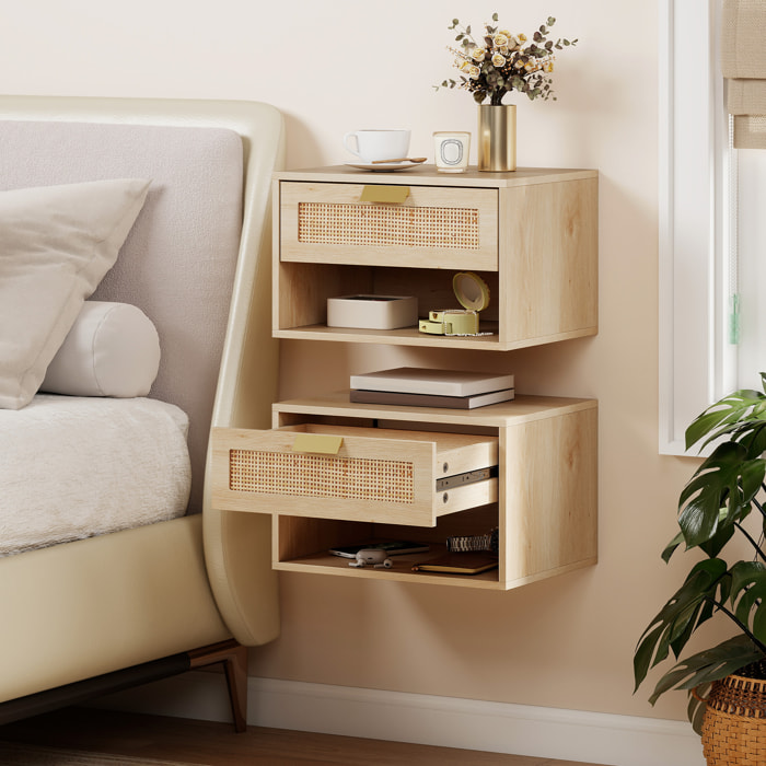 Juego de 2 Mesitas de Noche Flotantes, Mesillas de Noche Dormitorio con Cajón de Ratán, Estante Abierto, Ahorra Espacio, Diseño Nórdico, para Sala de Estar, 40x30x25 cm, Roble