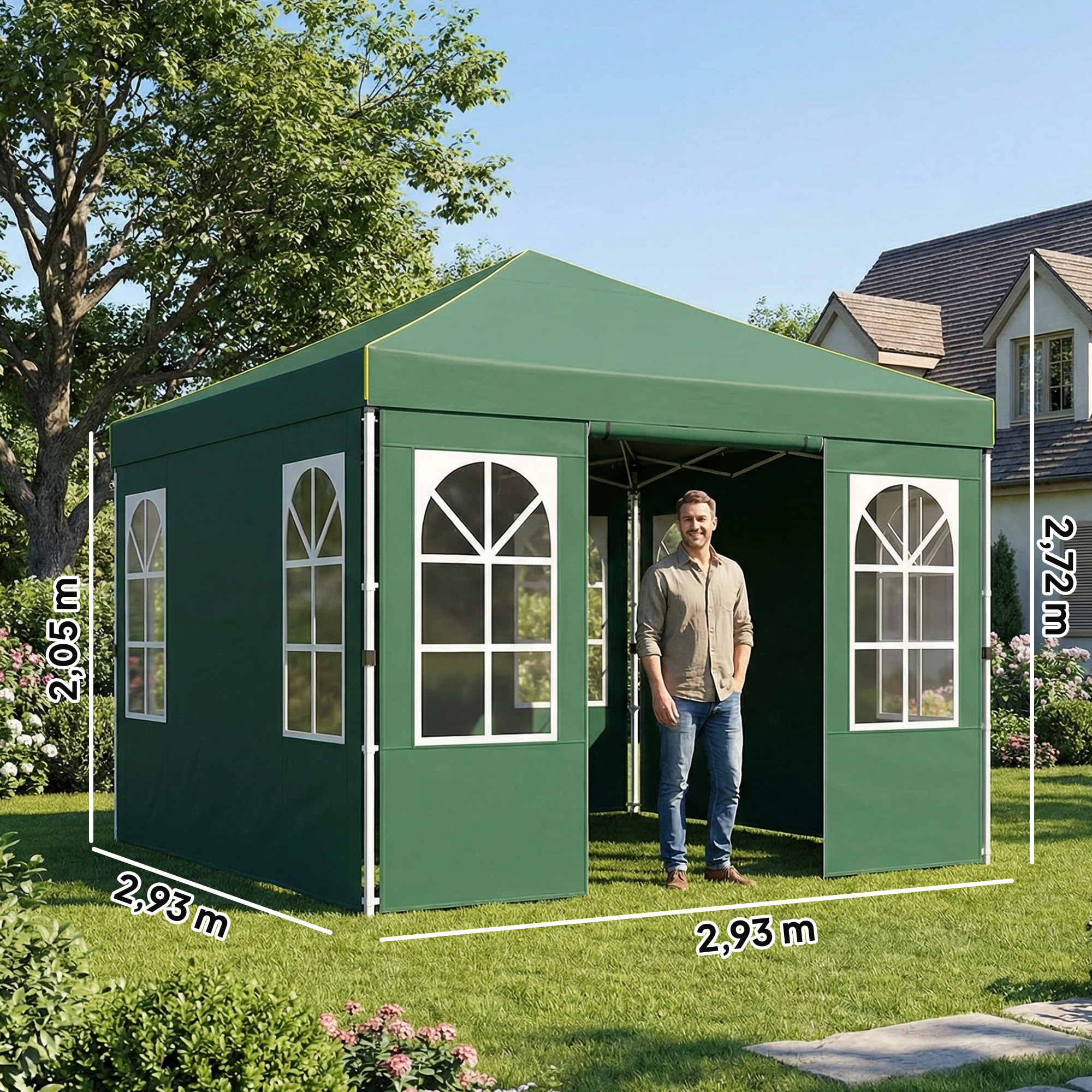 Carpa Plegable 3x3 m, Pop-up, con 4 Laterales Extraíbles, Cenador de Jardín con UPF50+, Bloqueo Central, Altura Ajustable, Bolsa de Transporte, Sacos Arena, Gazebo para Exterior, Verde
