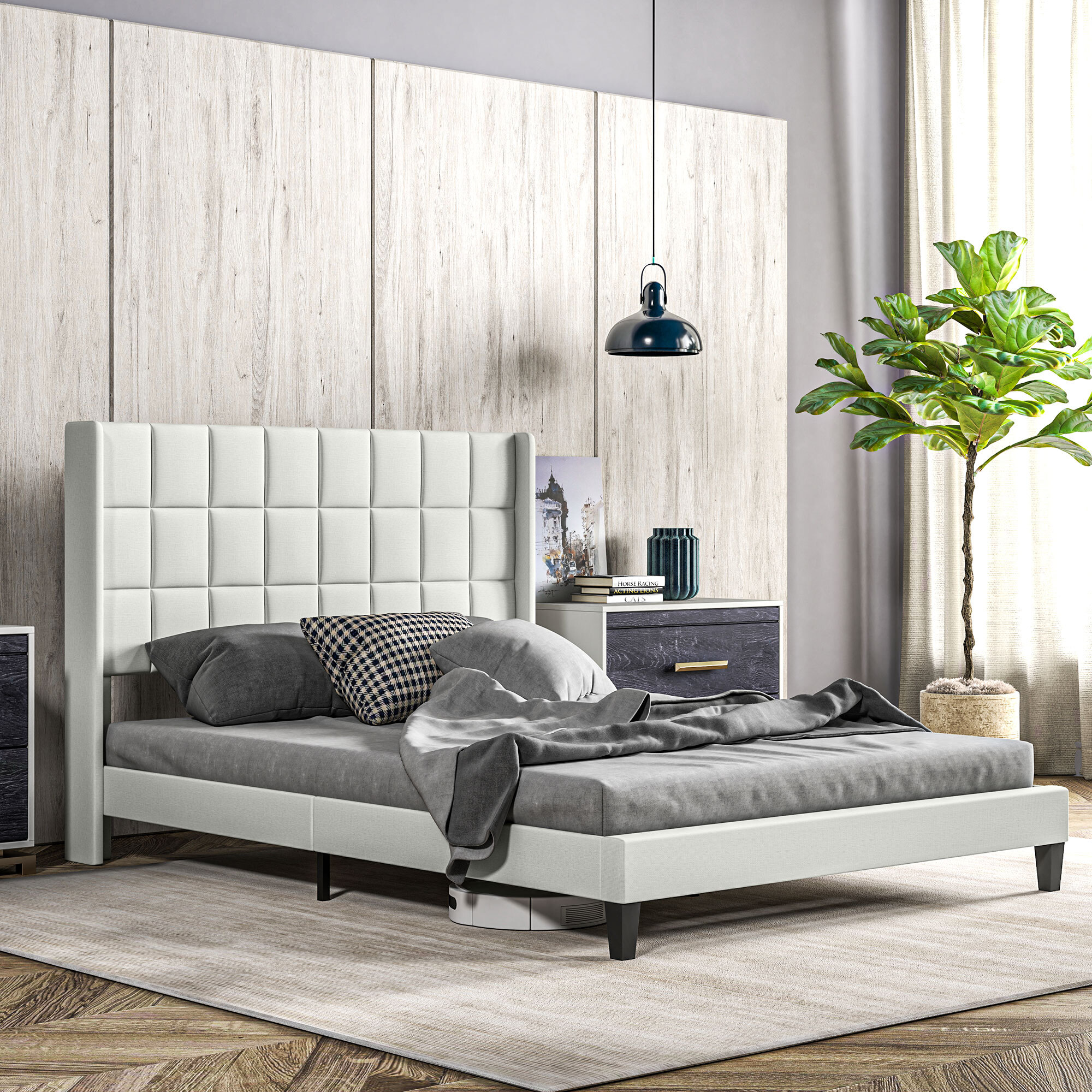 Cama 135x190 cm Estructura de Cama Somier con Cabecera Tapizada de Lino Sintético y Espacio de Almacenamiento Debajo de la Cama Carga 300 kg Beige