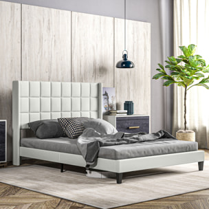 Cama 135x190 cm Estructura de Cama Somier con Cabecera Tapizada de Lino Sintético y Espacio de Almacenamiento Debajo de la Cama Carga 300 kg Beige