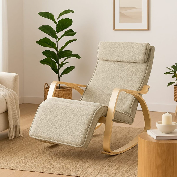 Sedia a dondolo con poggiapiedi e braccioli bouclè beige - Amor