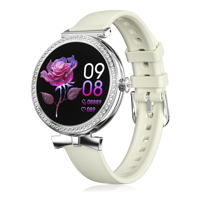 DAM Smartwatch QS01 compacto y elegante. Llamadas BT, notificaciones push. Monitor de salud, ciclos femeninos. Modos deportivos. 4,8x1,2x4,3 Cm. Color: Blanco