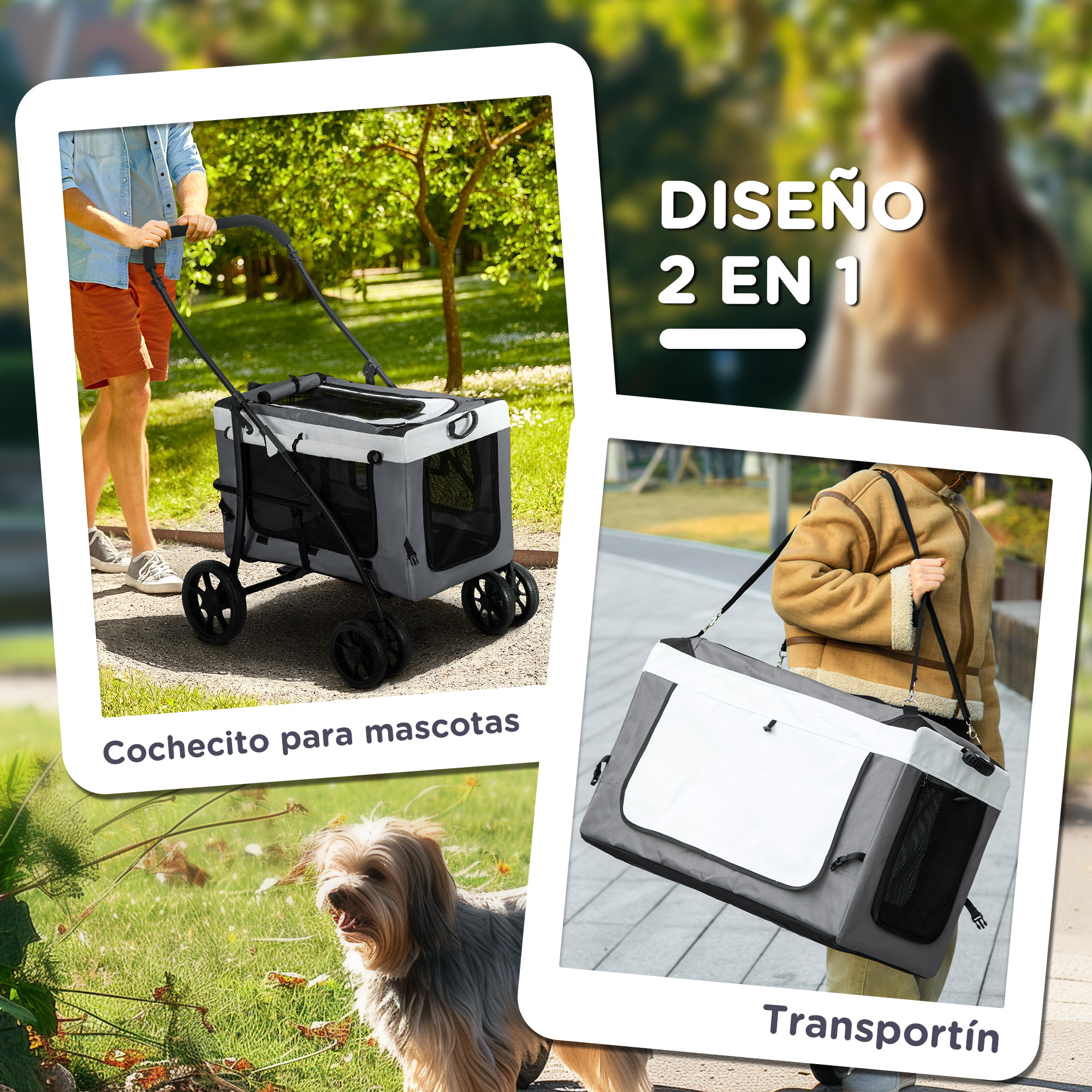 Carrito para Perros 2 en 1 Cochecito para Perros Pequeños Plegable Cochecito para Mascotas con Vagón Desmontable 4 Puertas con Cremallera 2 Correas de Seguridad y Cojín Gris