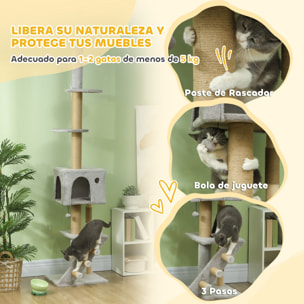 Árbol para Gatos de Suelo a Techo de 225-265 cm Árbol Rascador para Gatos con Altura Ajustable Múltiples Plataformas Escalera Bola Colgante Gris Claro