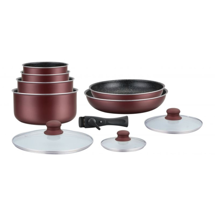 Batterie de cuisine revêtement pierre avec manche amovible 10 pieces Bordeaux Hagen HA04647-BR