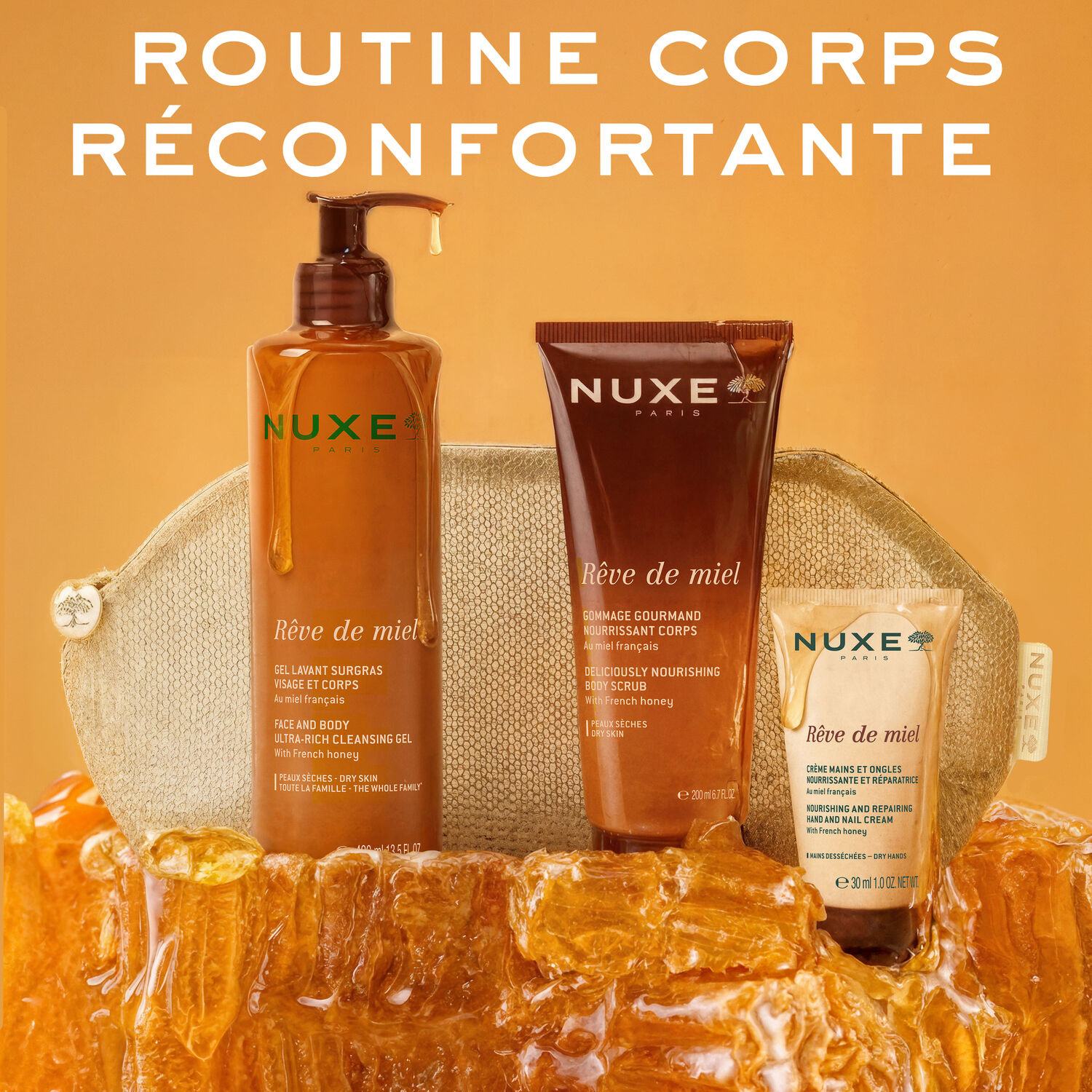 Rêve de Miel - Coffret Gel Lavant Surgras 400ml + Gommage Nourissant Corps 200ml + Crème Mains et Ongles 50ml