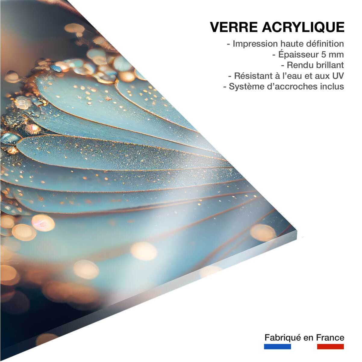 Tableau de fleurs gouttes d'or et petales blancs  Tableau plexiglas