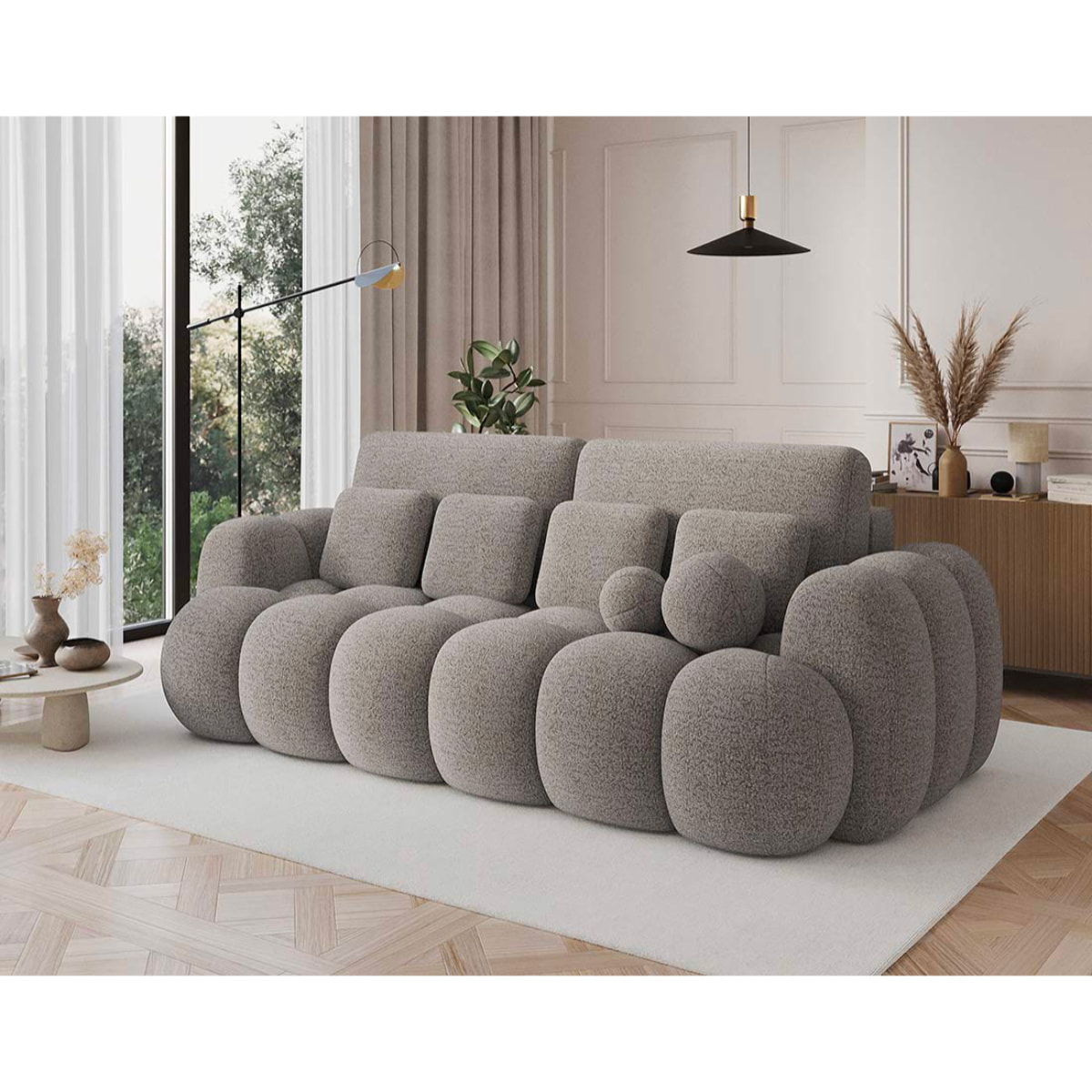 Dorian - Canapé droit 3 places convertible avec coffre en tissu bouclette - Taupe