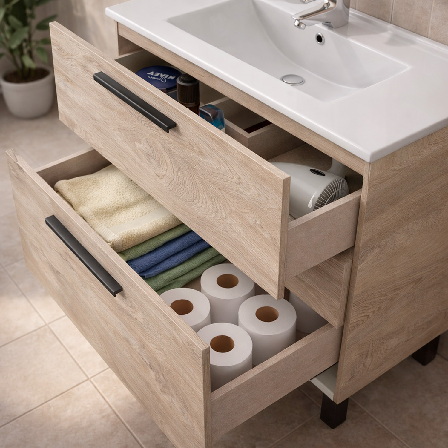 Mobile Bagno A Terra Con 3 Cassetti Lavabo In Ceramica E Specchio 77 x 50 Cm Inclusi Design Moderno Salvaspazio 80 x 45 x 86 Cm Colore Rovere Alaska