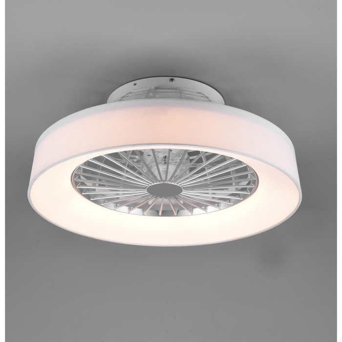 Faresund - Ventilatore e plafoniera LED Ø47 cm con bordo in tessuto bianco, telecomando, dimmer, timer, luce notturna ed effetto stelle