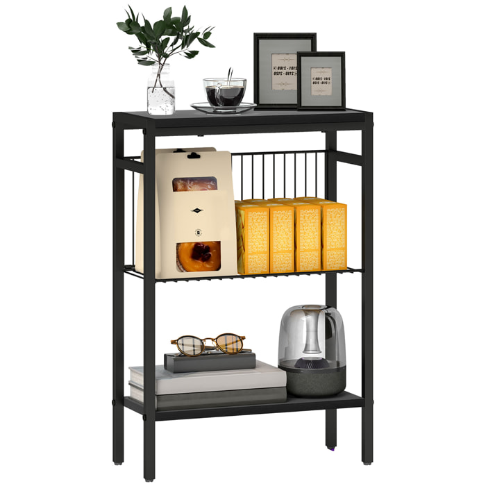 Mesa Auxiliar Estrecha de 3 Niveles Mesita Auxiliar Industrial con Estantes Abiertos y Estructura de Acero para Salón Dormitorio 43x18x62,5 cm Negro