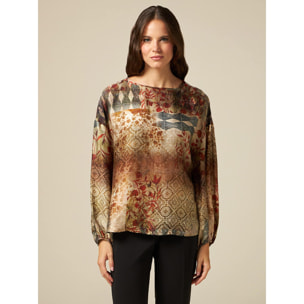 Oltre - Blusa in viscosa fantasia patchwork - Beige