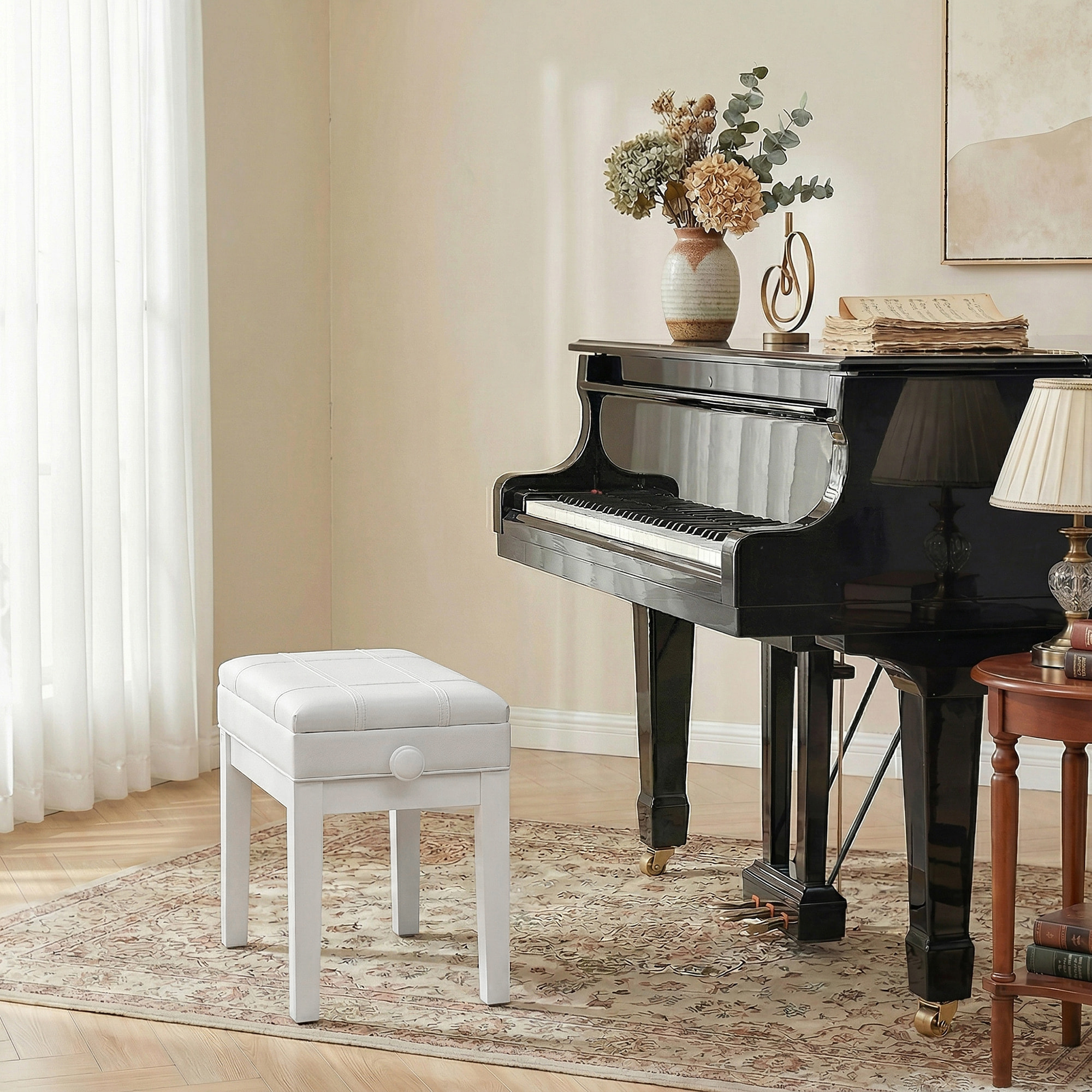 Banquette tabouret siège pour piano coffre intégré hauteur réglable bois hévéa assise revêtement synthétique blanc