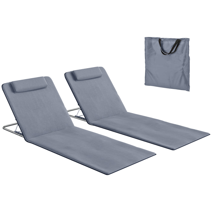 Conjunto de 2 Esterillas de Playa Plegables, Esterillas con Respaldo Reclinable en 5 Niveles, Reposacabezas y Bolsa de Transporte, 134x48x33-43 cm, Gris