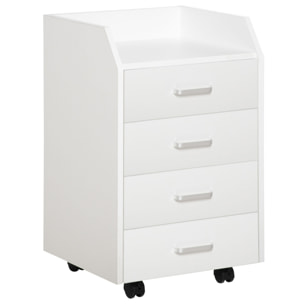 Cajonera de Oficina Mueble Auxiliar para Archivos con 4 Cajones Encimera Superior de Almacenaje 4 Ruedas y 2 Frenos para Estudio Despacho 40x36x65 cm Blanco