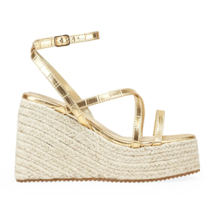 Sandalias de cuña doradas con plataforma de esparto