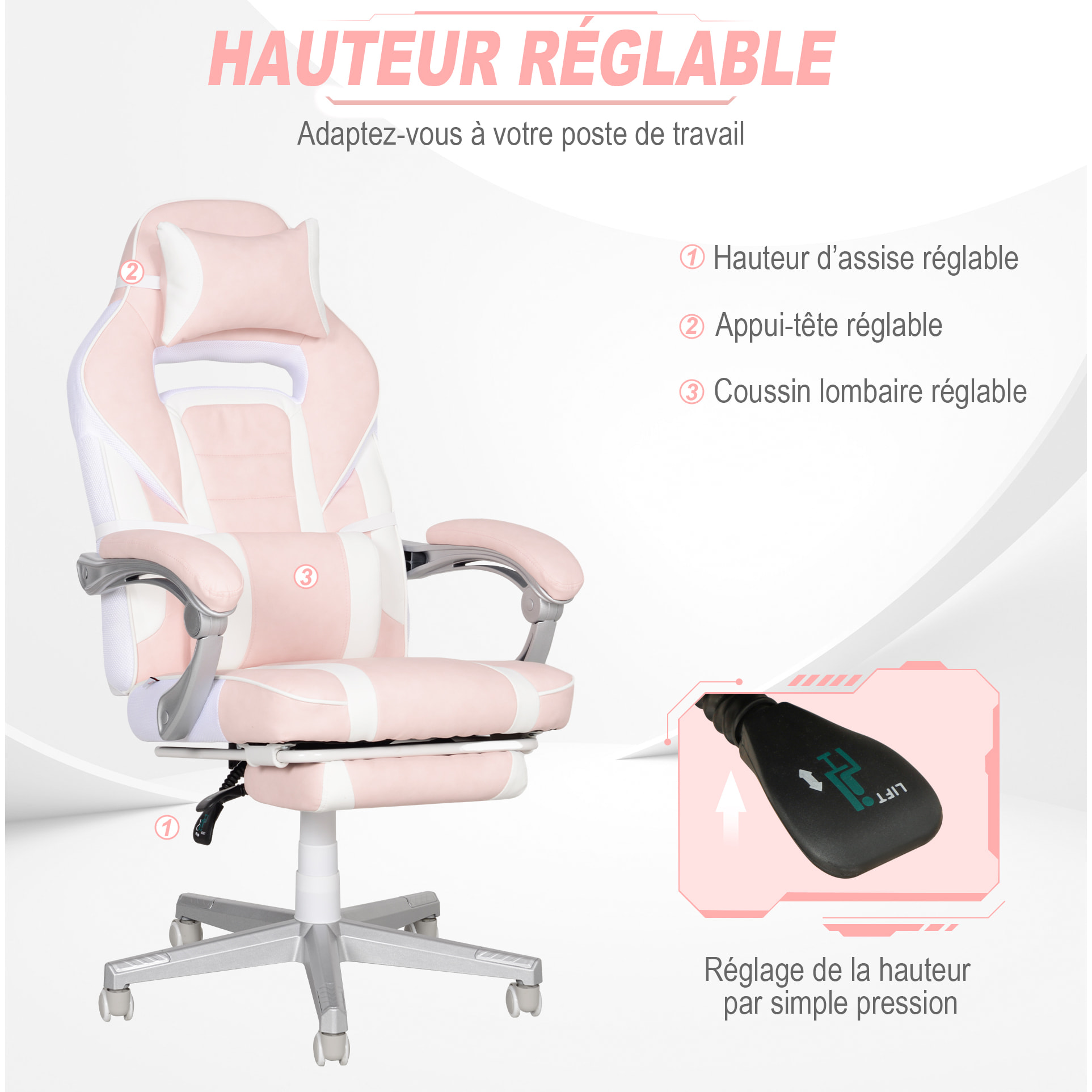 Chaise gaming inclinable réglable repose-pieds rétractable blanc rose pâle