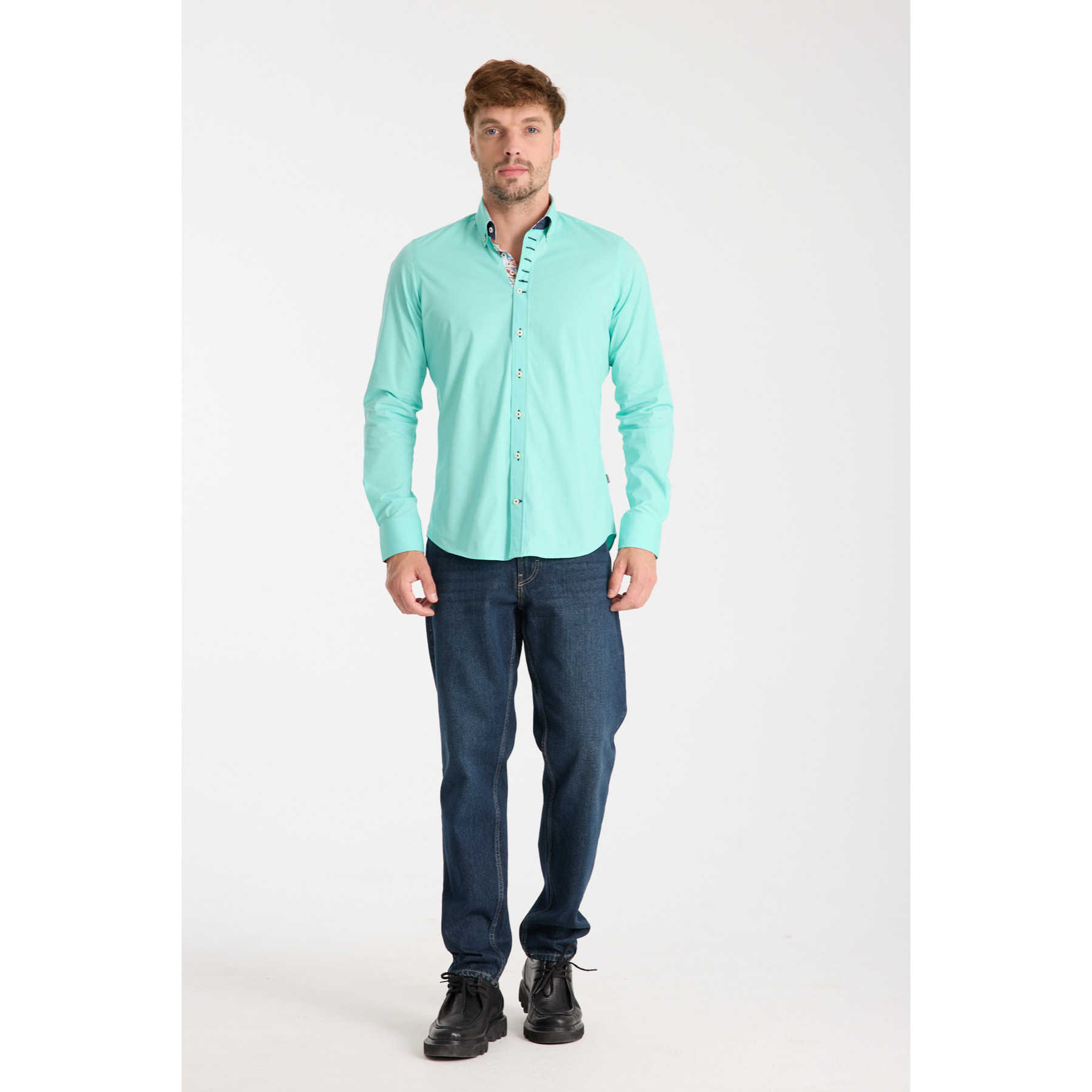 Camicia Uomo 1 Bottoni Button Down Slim Popeline Stretch Unito Verde Acqua