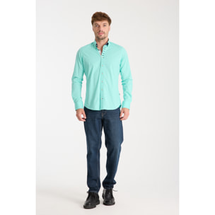 Camicia Uomo 1 Bottoni Button Down Slim Popeline Stretch Unito Verde Acqua