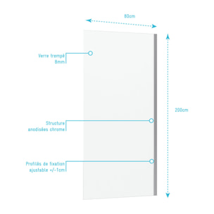 Retour pour paroi de douche a l'italienne - 80x200 VERRE TRANSPARENT 8mm
