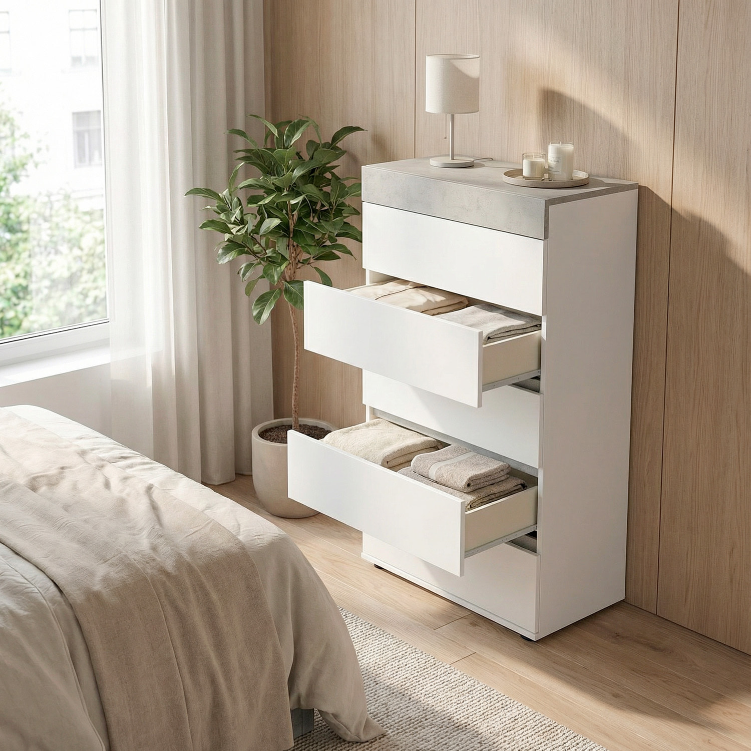 Comò Cassettiera Per Camera Da Letto Settimino Con 5 Cassetti Design Moderno Salvaspazio Mobile Comodino 110 x 40 x 61 Cm Bianco E Grigio Cemento