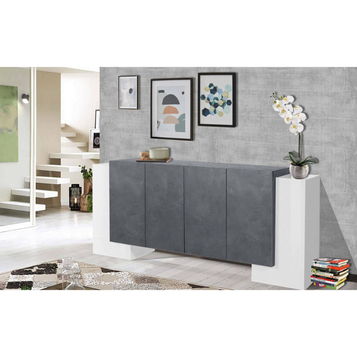 Credenza moderna a 6 ante, Made in Italy, Madia da cucina, Buffet di design da soggiorno, cm 210x45h85, colore Bianco lucido e Grigio Cenere