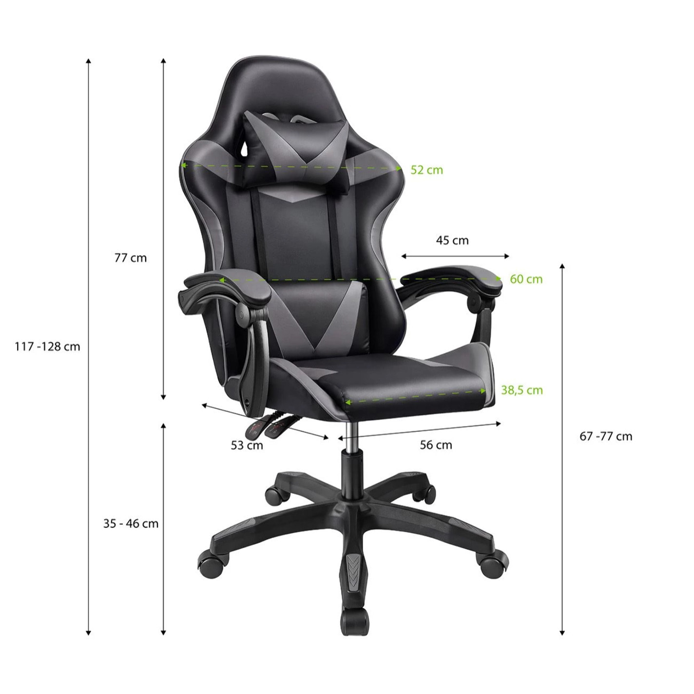 Silla gaming reclinable y con altura ajustable en negro y gris 117-128 cm Viper Negro - Gris
