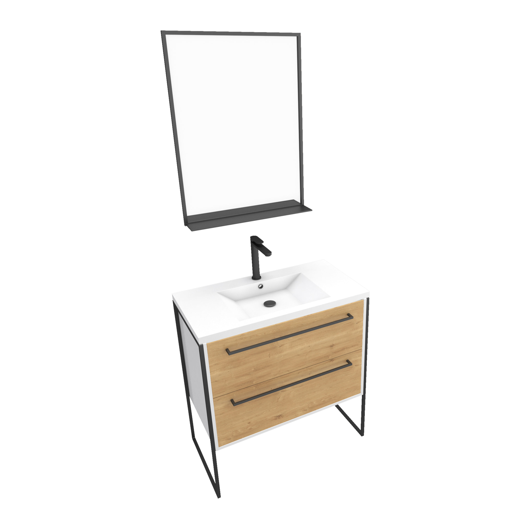 Pack meuble de salle de bain 80x50cm Blanc - 2 tiroirs blanc - vasque blanche + miroir noir mat