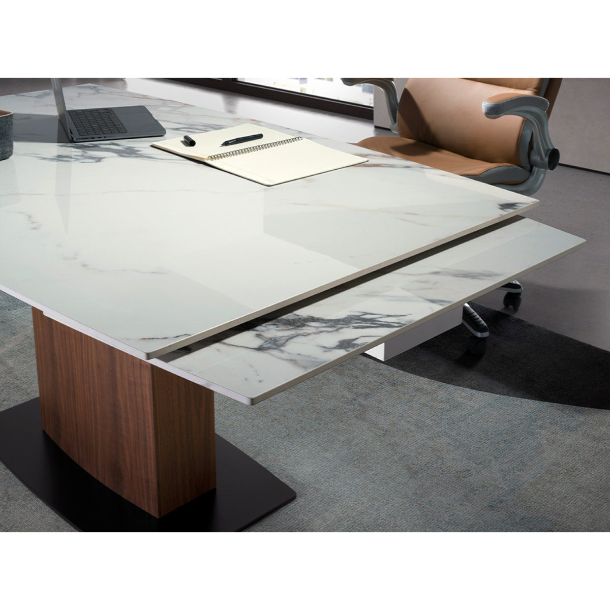 Mesa comedor extensible ovalada barril con tapa de mármol porcelánico blanco con vetas en tonalidades grises y marrones en acabado brillo 160x100x76cm