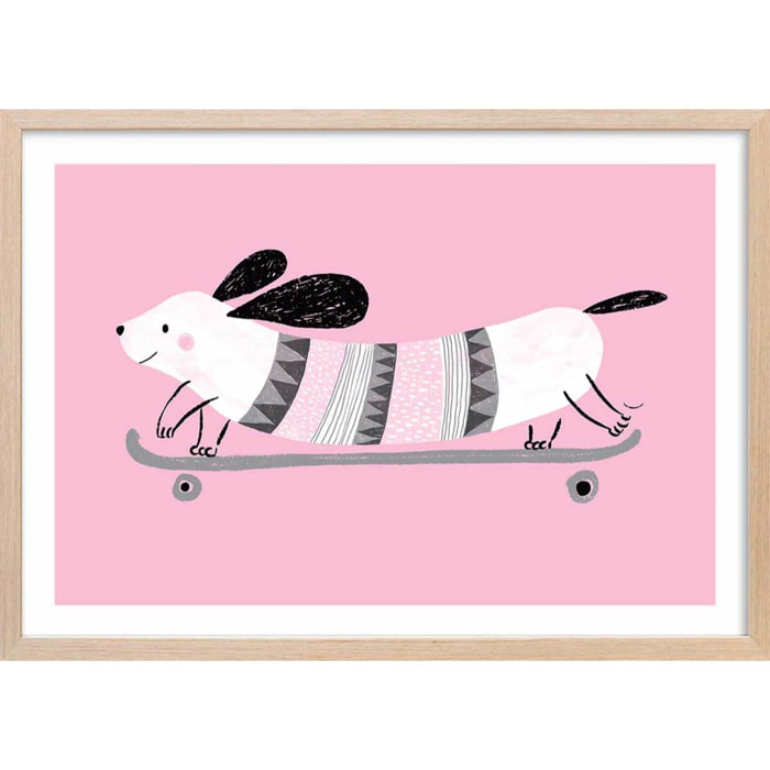 Affiche enfant chien rose  Affiche + cadre en bois - Chêne