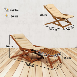 Tumbona Silla Plegable de Madera de Acacia, Silla de Jardín Exterior con Reposapiés Desmontable y Cojín con Reposacabezas, Carga 160 kg, para Terraza, Patio, Playa, 158x61x70 cm, Beige