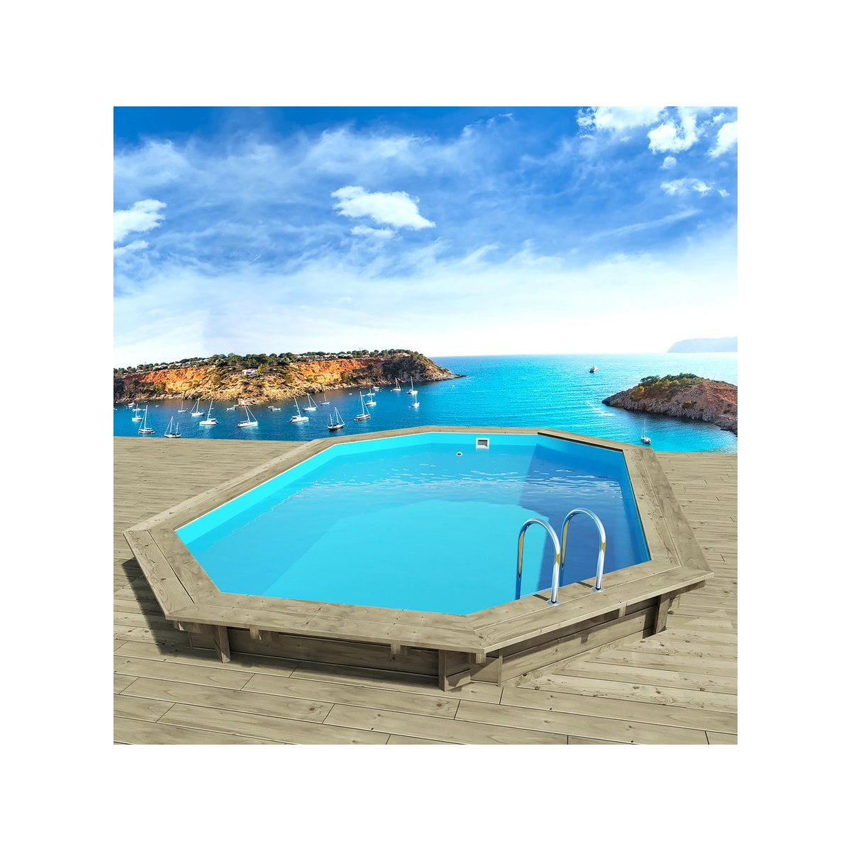 Piscine bois " Miami 130 " - 4.86 x 3.36 x 1.30 m + Mini Pompe à chaleur - Puissance 3.5 Kw
