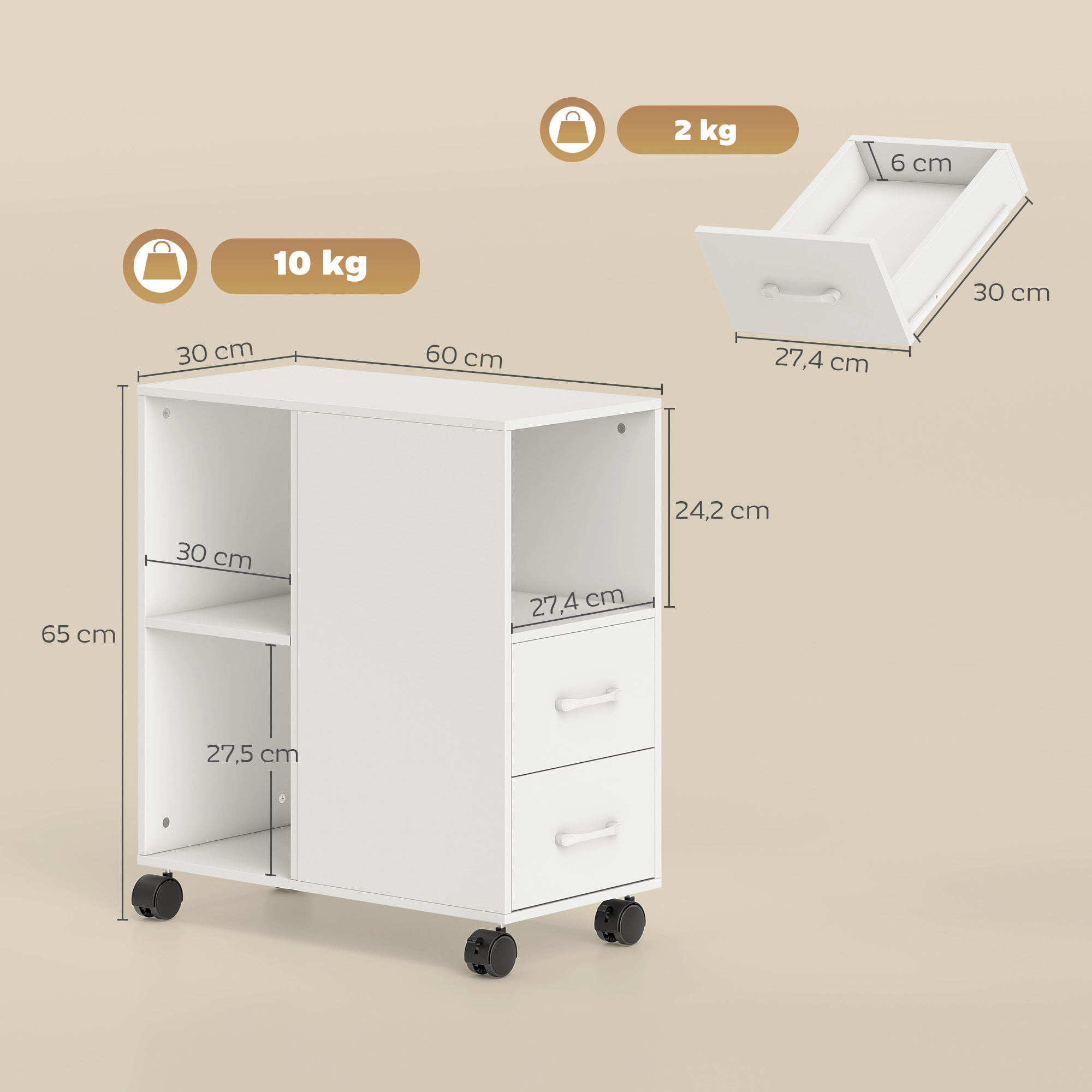 HOMCOM Mueble para Impresora con Ruedas, Mesa para Impresora con 2 Cajones, Estante Ajustable, 3 Compartimentos Abiertos para Documentos Tamaño A4, Carta, Archivador Móvil para Oficina en Casa, Blanco