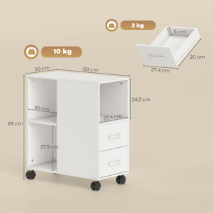 HOMCOM Mueble para Impresora con Ruedas, Mesa para Impresora con 2 Cajones, Estante Ajustable, 3 Compartimentos Abiertos para Documentos Tamaño A4, Carta, Archivador Móvil para Oficina en Casa, Blanco