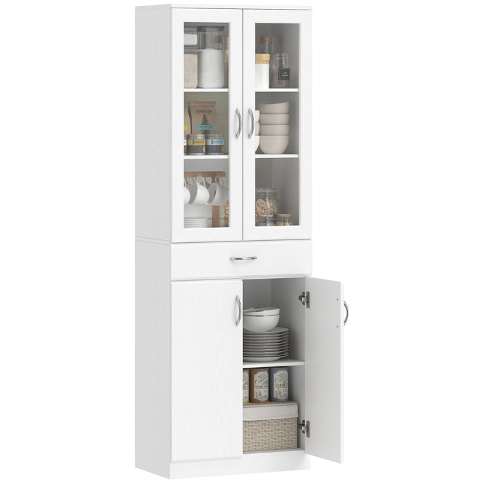 Alacena de Cocina, Mueble Auxiliar de Cocina con Puertas de Vidrio, Cajón, Estantes Ajustables, para Comedor, Salón, Blanco, 60x35x180 cm